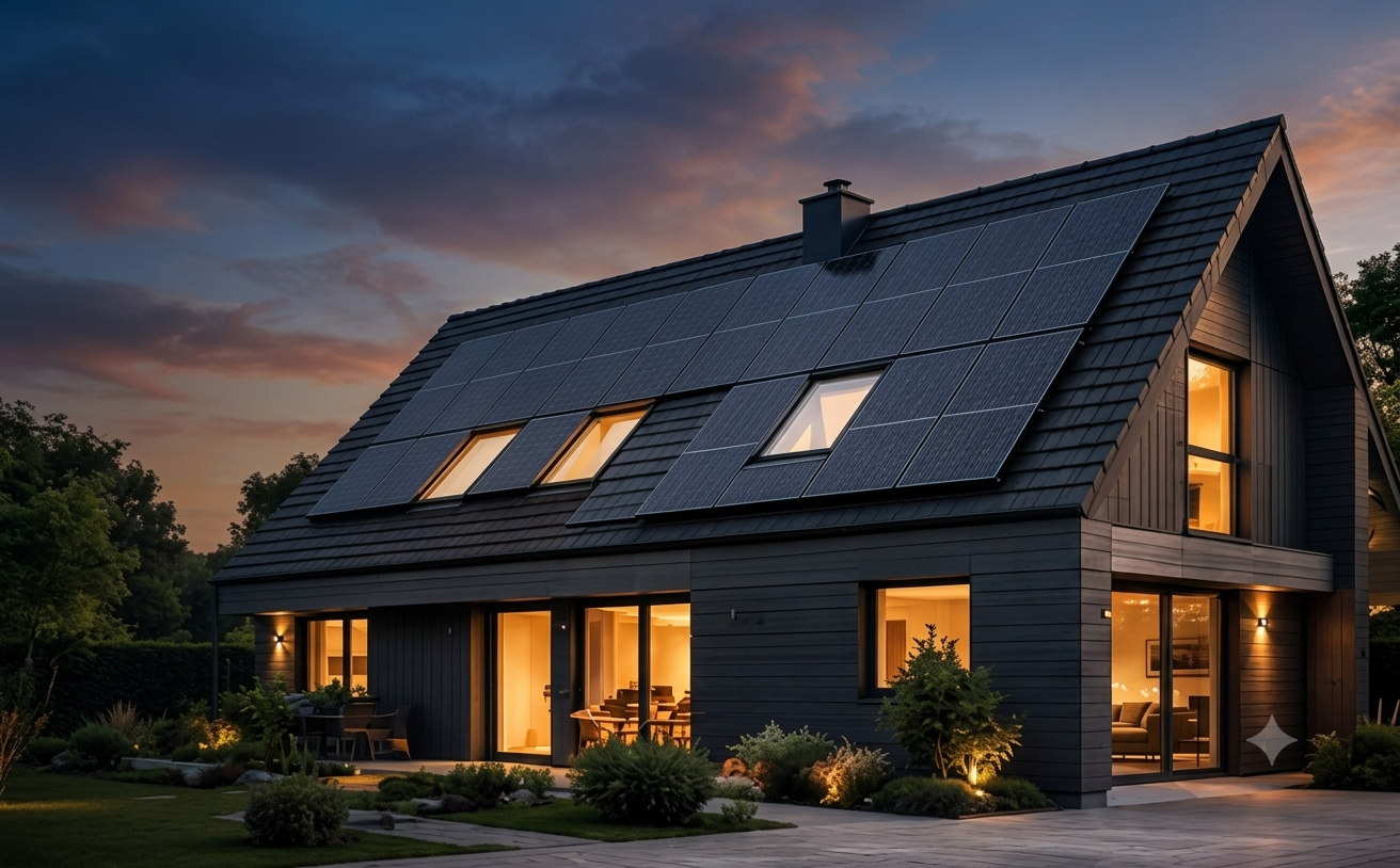 Maison avec panneaux solaires au crépuscule